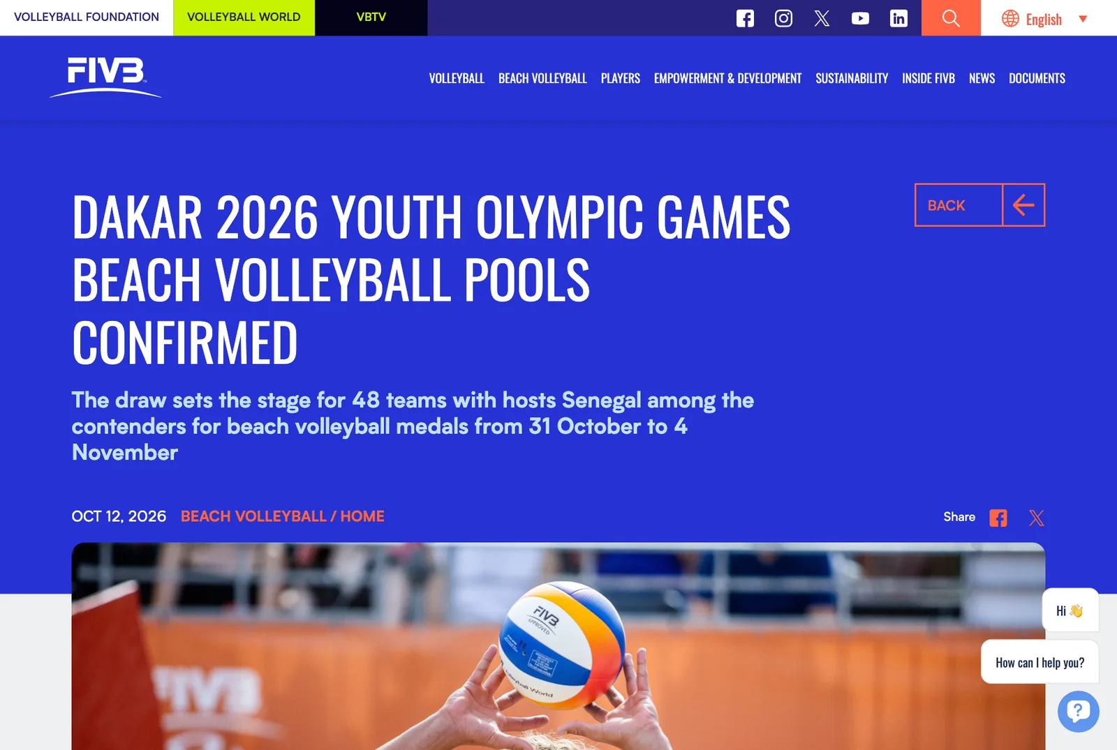 ภาพหน้าจอข่าวของ FIVB วันที่ 12 ตุลาคม 2026 หัวข้อ Dakar 2026 Youth Olympic Games beach volleyball pools confirmed ระบุว่ามี 48 ทีม แข่ง 31 ตุลาคม ถึง 4 พฤศจิกายน