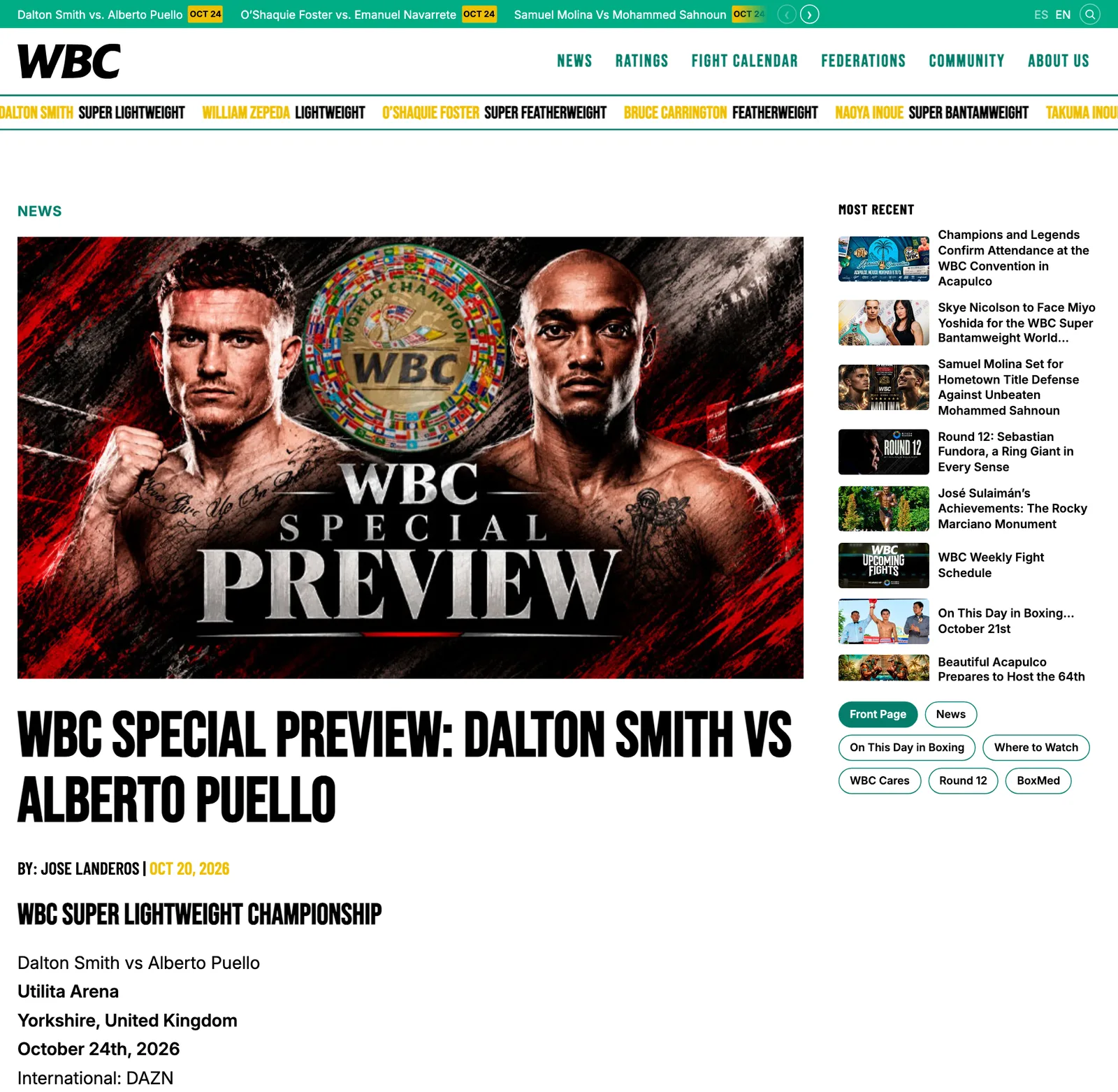 หน้าวิเคราะห์ก่อนไฟต์ของ WBC เรื่อง Dalton Smith ป้องกันแชมป์ WBC กับ Alberto Puello ที่ Utilita Arena วันที่ 24 ตุลาคม 2026