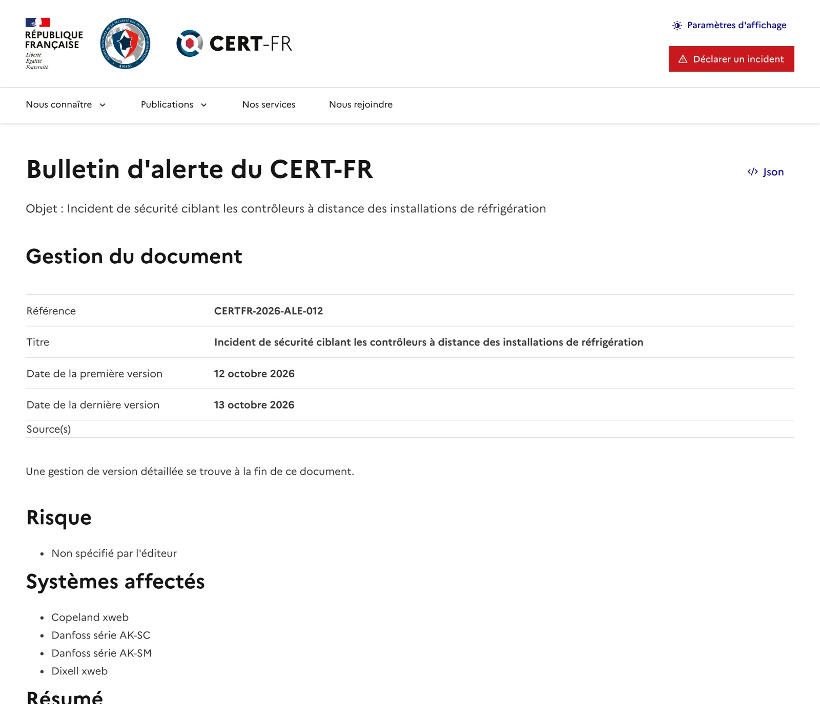 ประกาศเตือน CERTFR-2026-ALE-012 ของ CERT-FR เรื่องเหตุโจมตีตัวควบคุมระยะไกลของระบบทำความเย็น ฉบับแรก 12 ตุลาคม 2026 ปรับล่าสุด 13 ตุลาคม 2026 ระบุ Copeland xweb, Danfoss ซีรีส์ AK-SC และ AK-SM และ Dixell xweb
