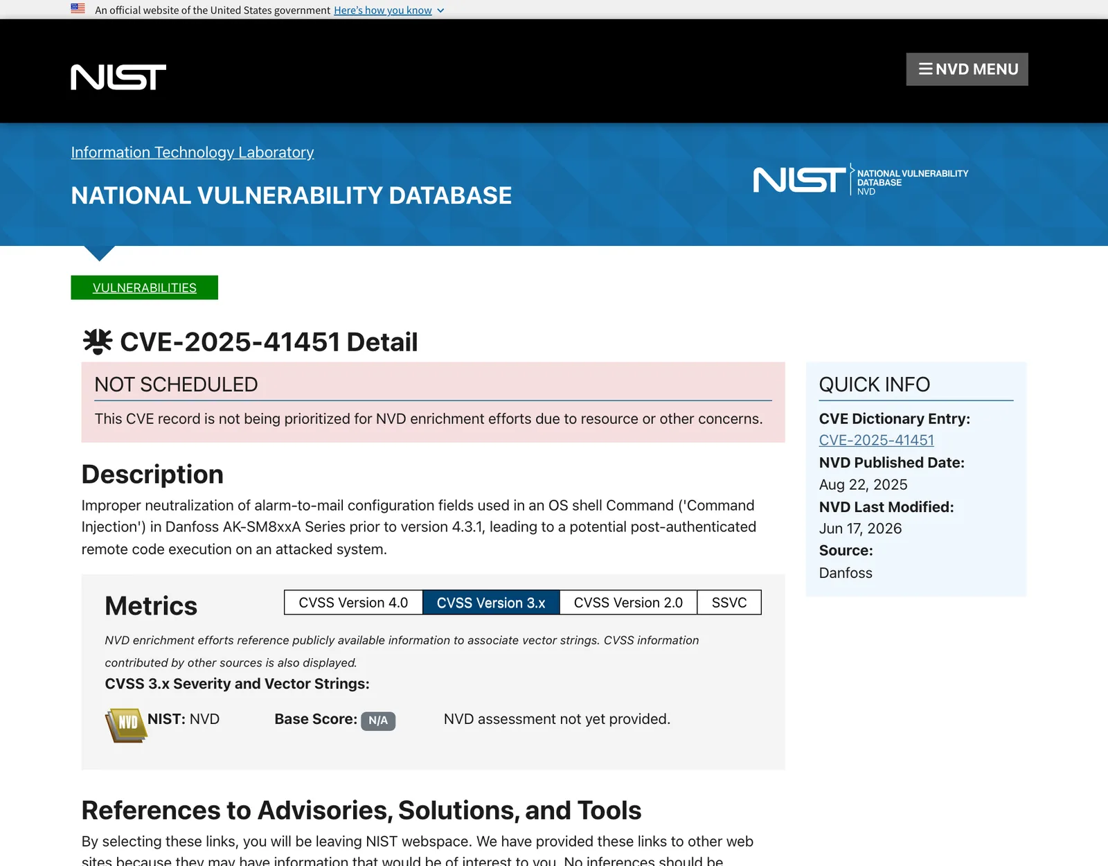 หน้า NVD ของ CVE-2025-41451 ช่องโหว่แทรกคำสั่งผ่านช่องตั้งค่าส่งอีเมลแจ้งเตือนในตัวควบคุม Danfoss AK-SM8xxA ก่อนรุ่น 4.3.1 ระบุแหล่งข้อมูลคือ Danfoss