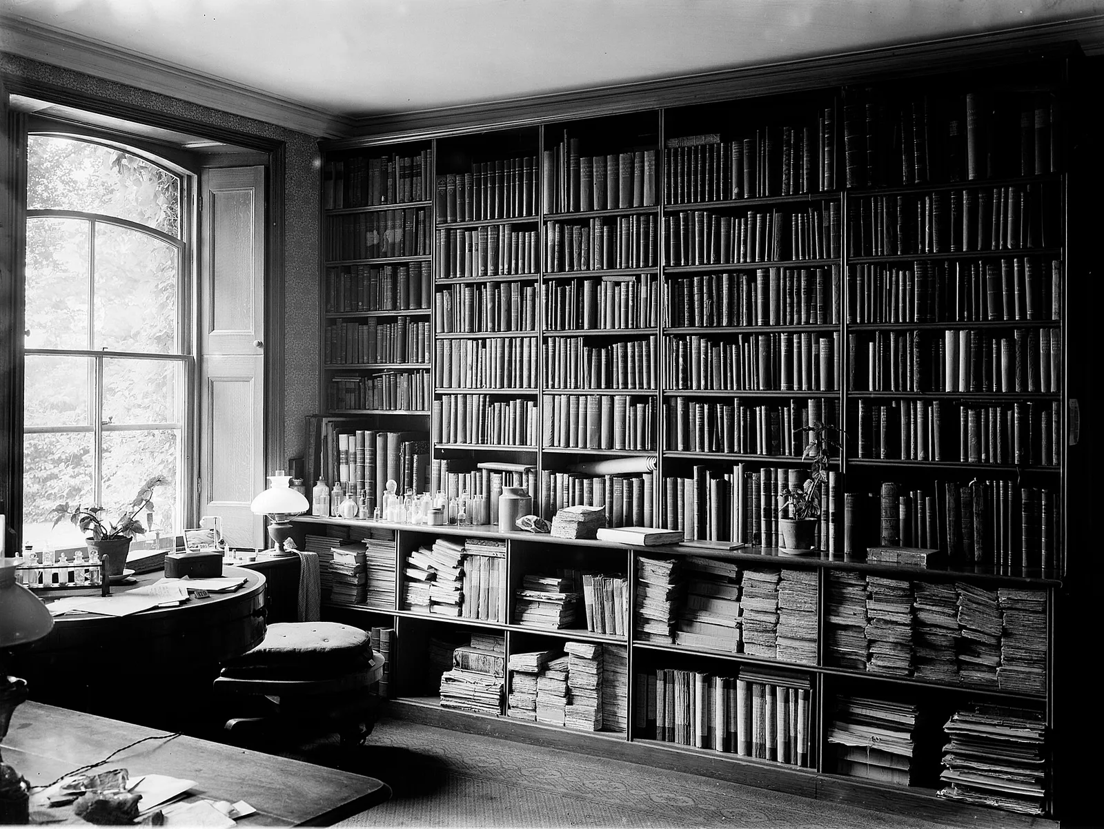 ห้องทำงานของ Charles Darwin ด้านที่มีชั้นหนังสือและหน้าต่าง