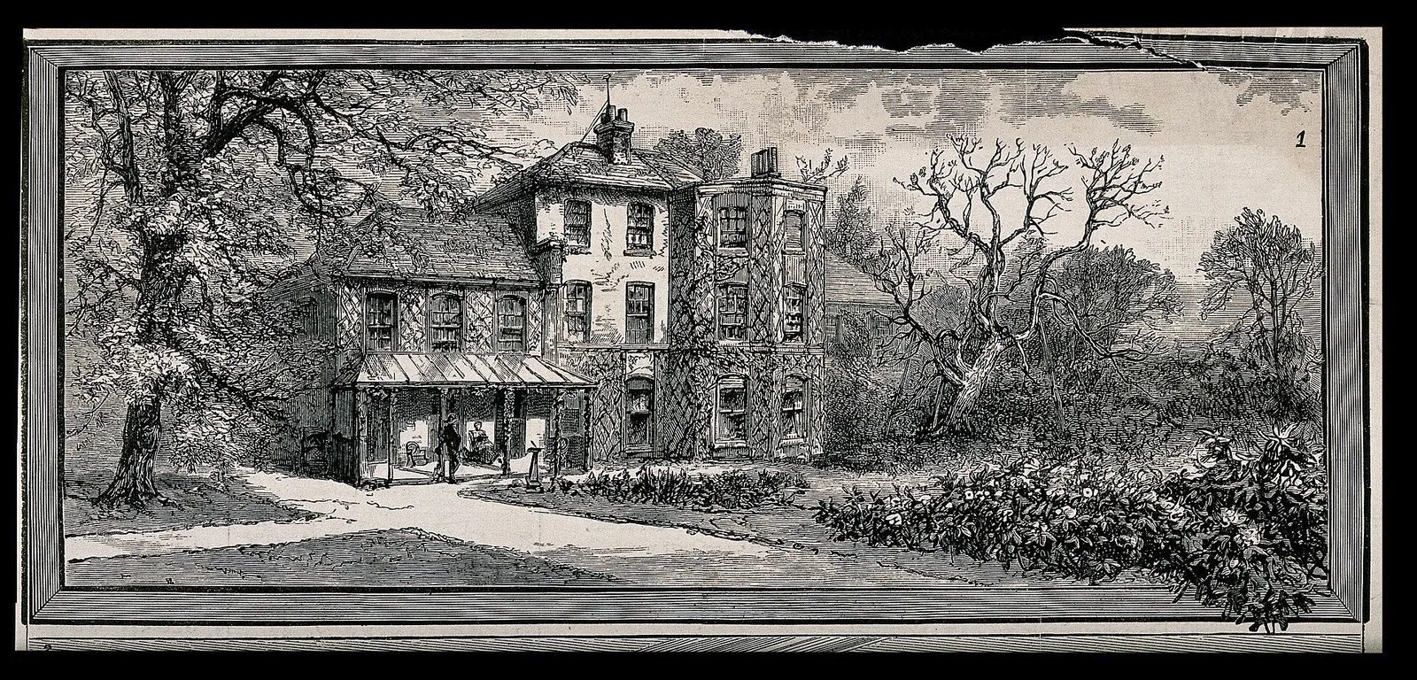 ภาพแกะไม้บ้านของ Charles Darwin (Down House) ใน Kent โดย J. R. Brown