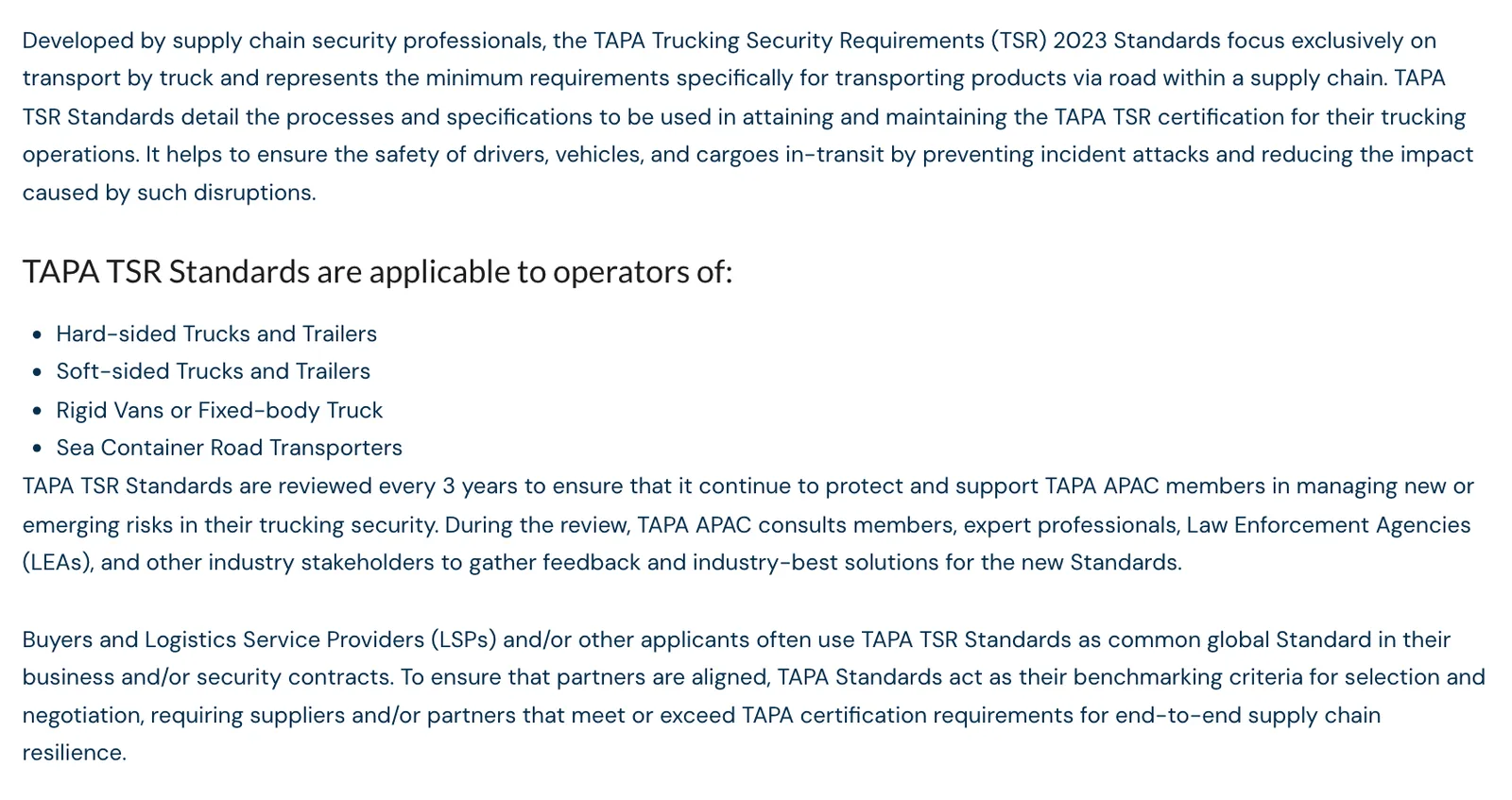หน้ามาตรฐาน TAPA Trucking Security Requirements (TSR) 2023 ของ TAPA APAC ระบุประเภทรถที่ใช้มาตรฐานและการใช้ TSR เป็นเกณฑ์ในสัญญาระหว่างผู้ซื้อกับผู้ให้บริการโลจิสติกส์