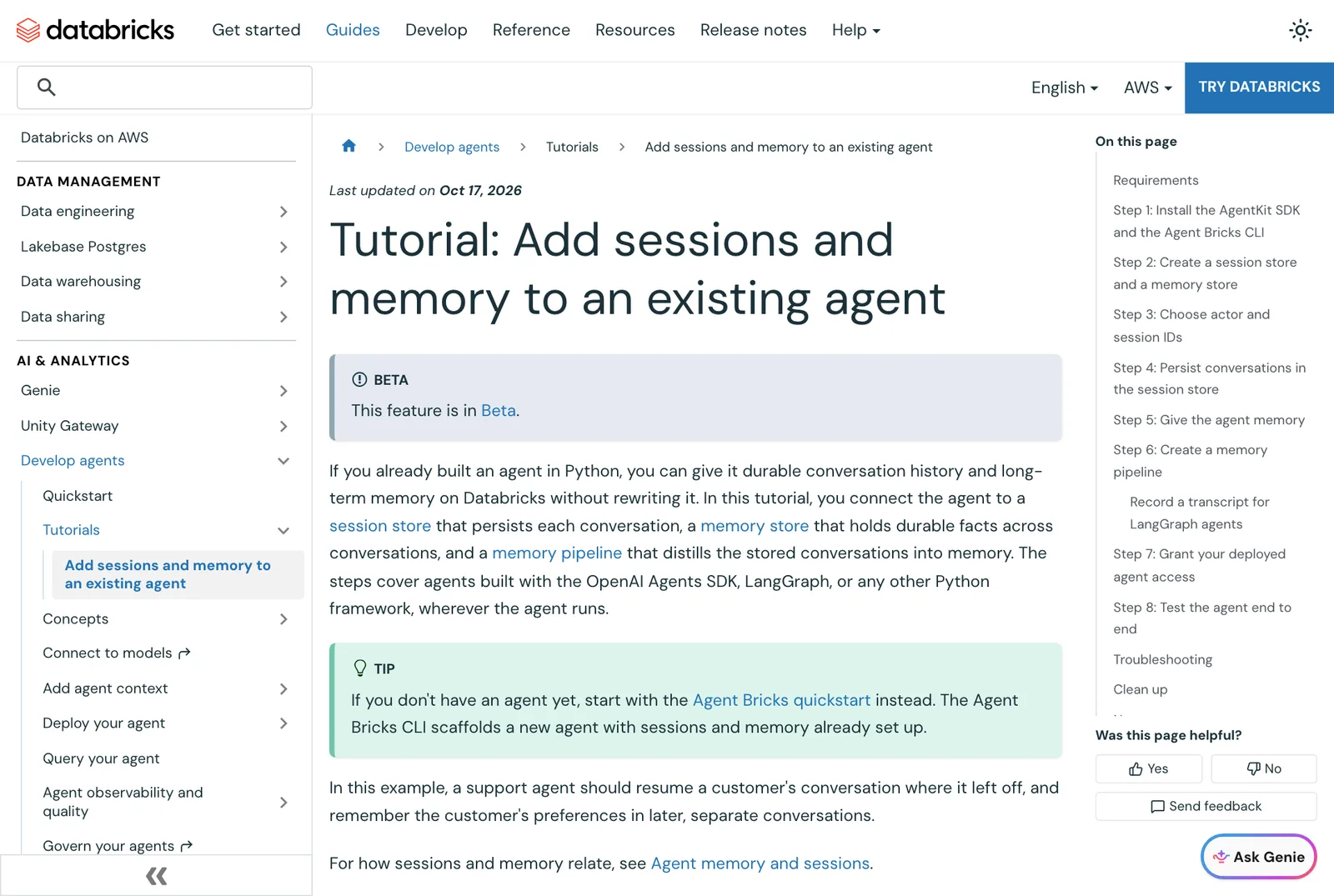 หน้าเอกสาร Databricks บทเรียนเพิ่ม sessions และ memory ให้ agent ที่มีอยู่ มีป้าย BETA และระบุว่ารองรับ OpenAI Agents SDK, LangGraph และเฟรมเวิร์ก Python อื่น