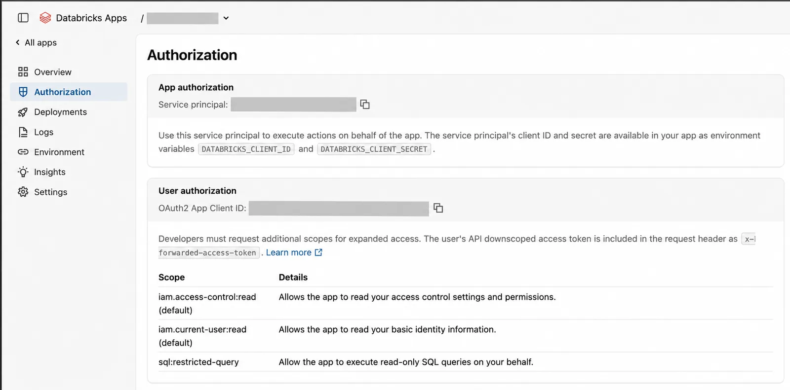 แท็บ Authorization ของ Databricks Apps แยก App authorization (service principal) กับ User authorization พร้อม scope iam.access-control:read, iam.current-user:read และ sql:restricted-query