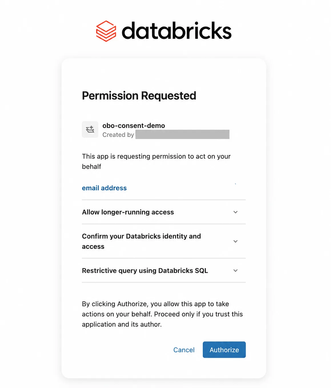 หน้าต่าง Permission Requested ของ Databricks ขอให้ผู้ใช้ยินยอมให้แอป obo-consent-demo ทำงานแทน รวมถึง Restrictive query using Databricks SQL