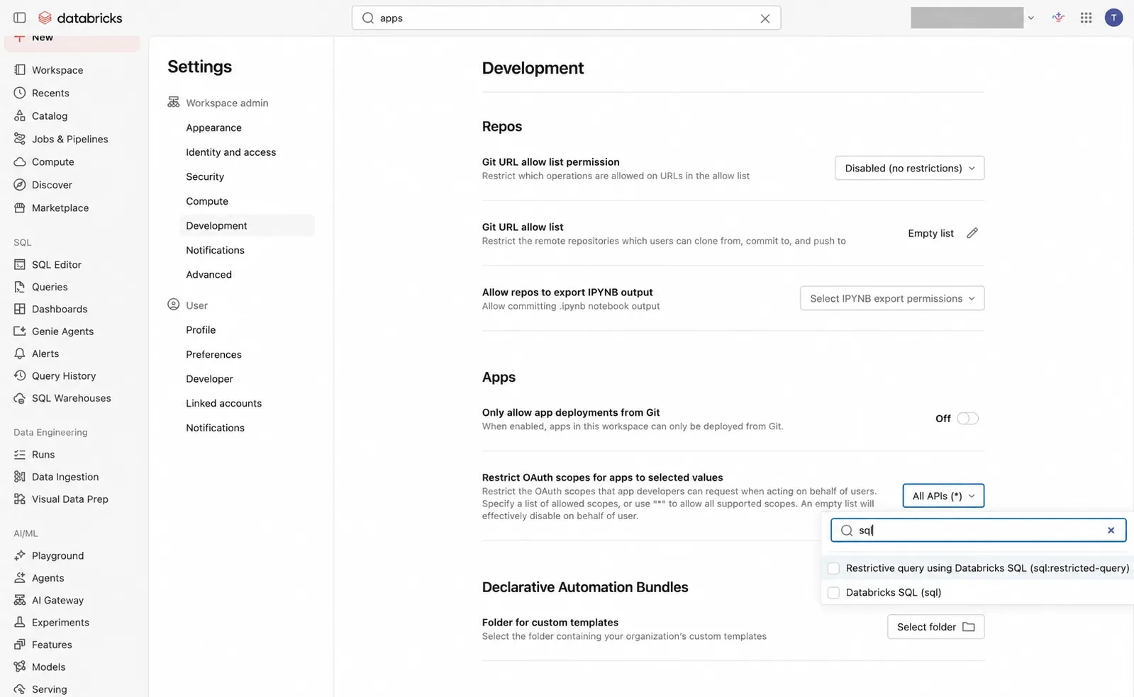 หน้า Settings > Development ของ Databricks ส่วน Apps ตัวเลือก Restrict OAuth scopes for apps to selected values ค่าเริ่มต้น All APIs