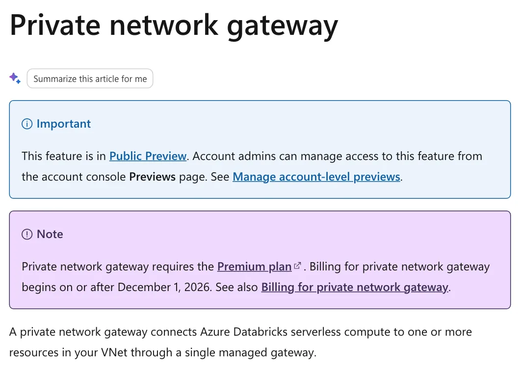 หน้าเอกสาร Private network gateway บน Microsoft Learn แจ้งว่าอยู่ใน Public Preview ต้องใช้ Premium plan และเริ่มคิดค่าบริการตั้งแต่ 1 ธันวาคม 2026