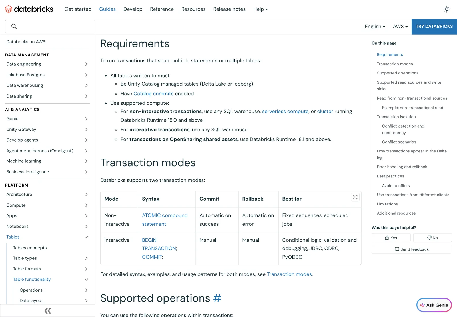 หน้าเอกสาร Transactions ของ Databricks ส่วน Requirements และ Transaction modes