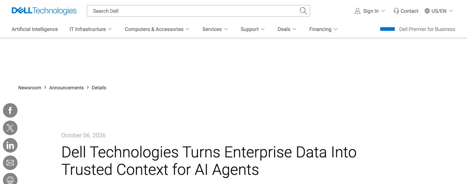 หน้าห้องข่าว Dell Technologies แสดงข่าววันที่ 6 ตุลาคม 2026 เรื่อง Dell Technologies Turns Enterprise Data Into Trusted Context for AI Agents