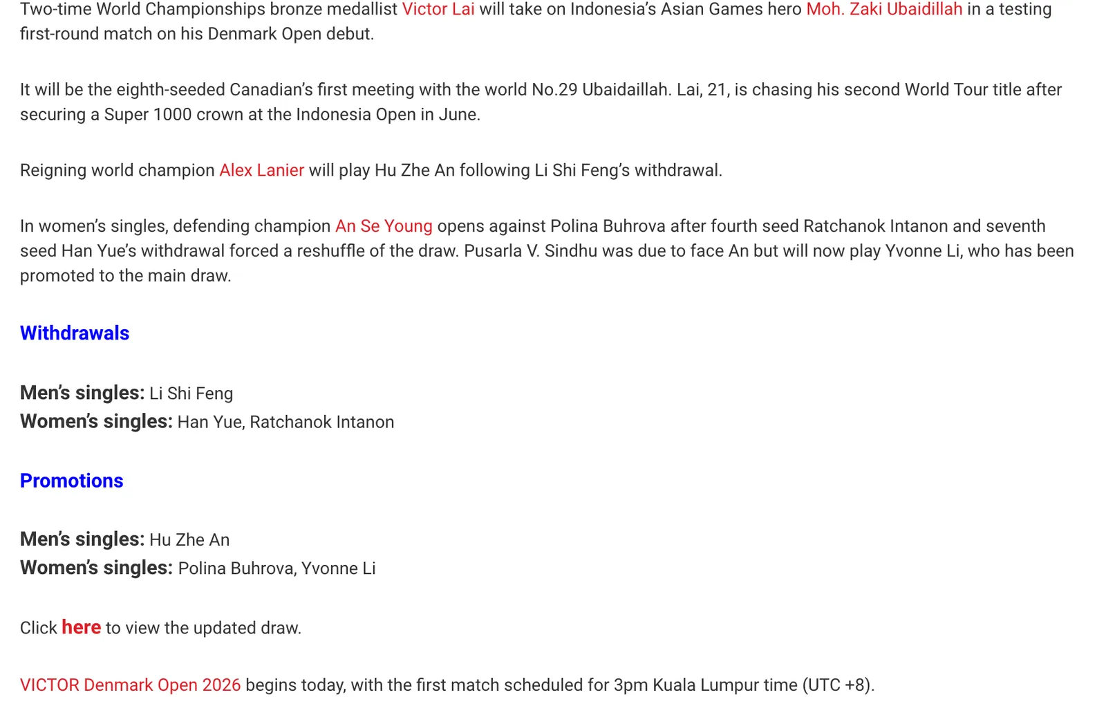 ภาพหน้าจอข่าวของ BWF วันที่ 13 ตุลาคม 2026 ระบุว่ารัชนก อินทนนท์ มือวางอันดับ 4 และ Han Yue ถอนตัวจากหญิงเดี่ยว Denmark Open 2026
