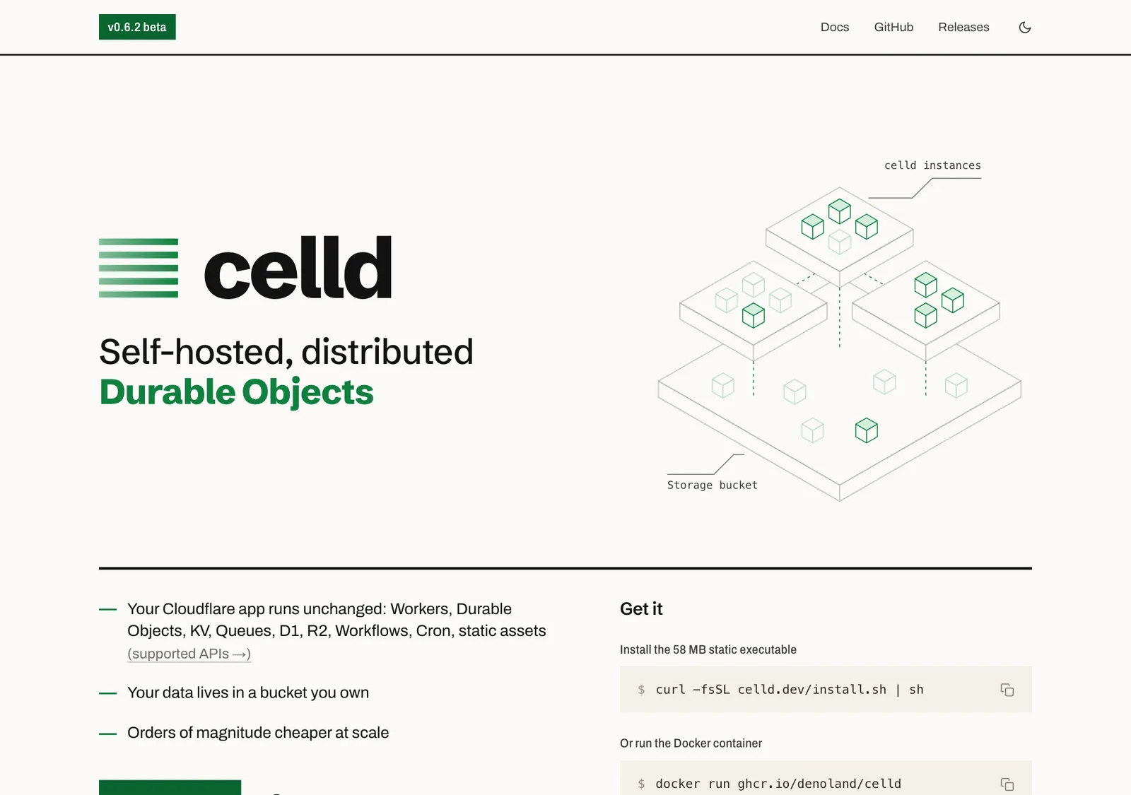 ภาพหน้าจอเว็บไซต์ celld.dev ซอฟต์แวร์ของทีม Deno สำหรับรัน Durable Objects แบบกระจายบนเครื่องของตัวเอง ระบุว่าแอป Cloudflare รันได้โดยไม่ต้องแก้ และข้อมูลอยู่ใน bucket ขององค์กร
