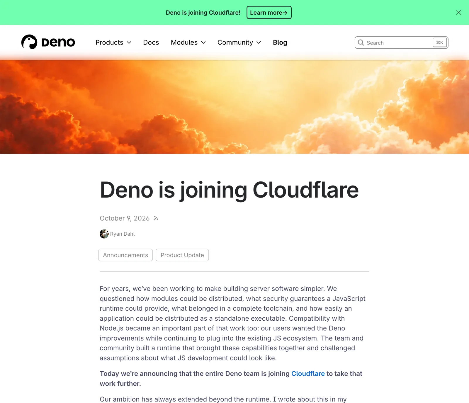 ภาพหน้าจอบล็อกของ Deno ประกาศ Deno is joining Cloudflare ลงวันที่ 9 ตุลาคม 2026 เขียนโดย Ryan Dahl
