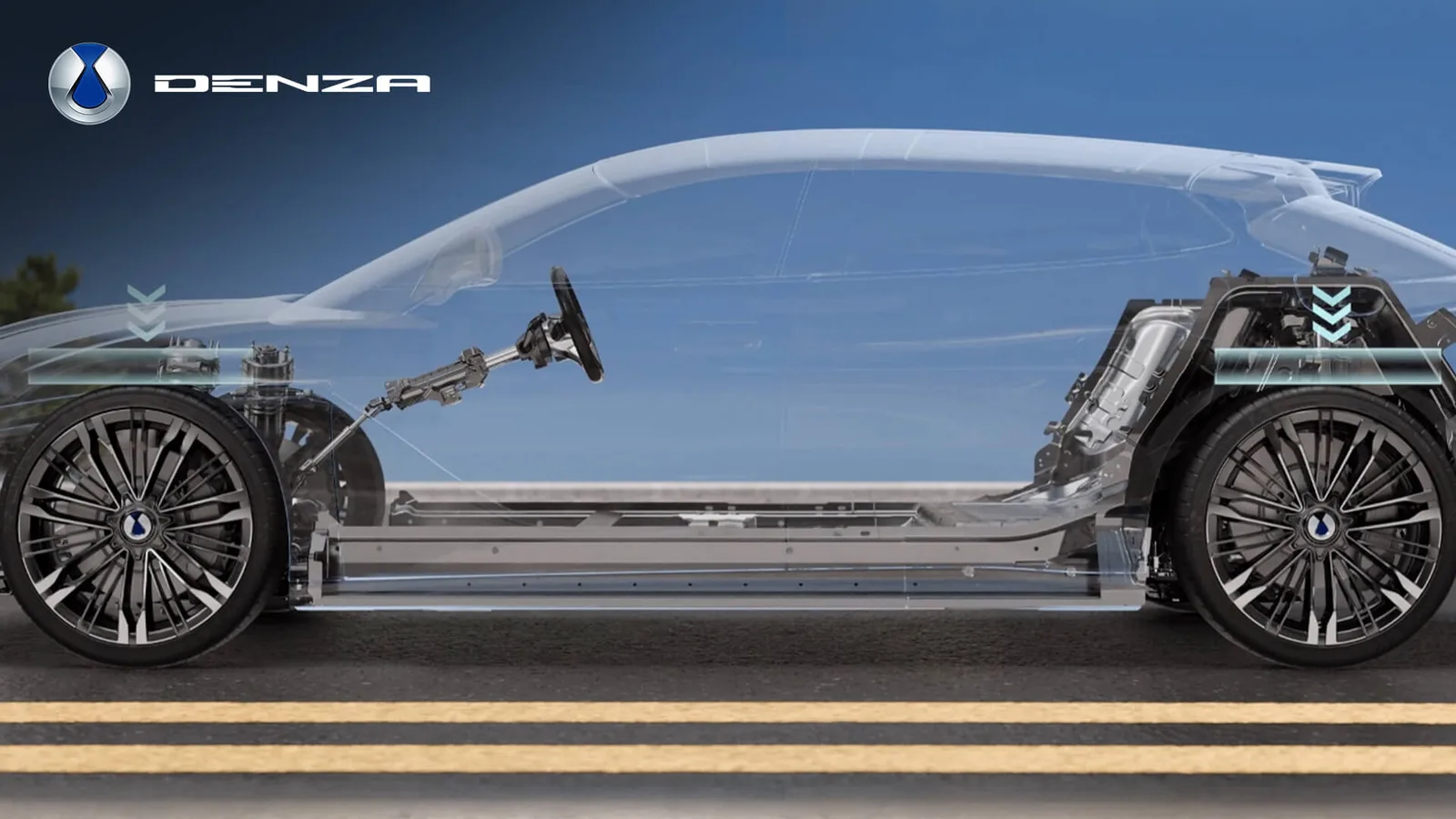 ภาพโปร่งด้านข้างของ DENZA Z9GT แสดงช่วงล่างถุงลม DiSus-A ล้อหน้าและล้อหลัง
