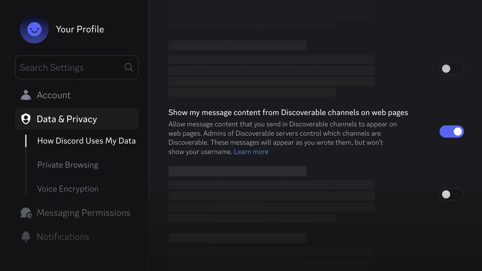 สวิตช์ Show my message content from Discoverable channels on web pages ในหน้า Data & Privacy