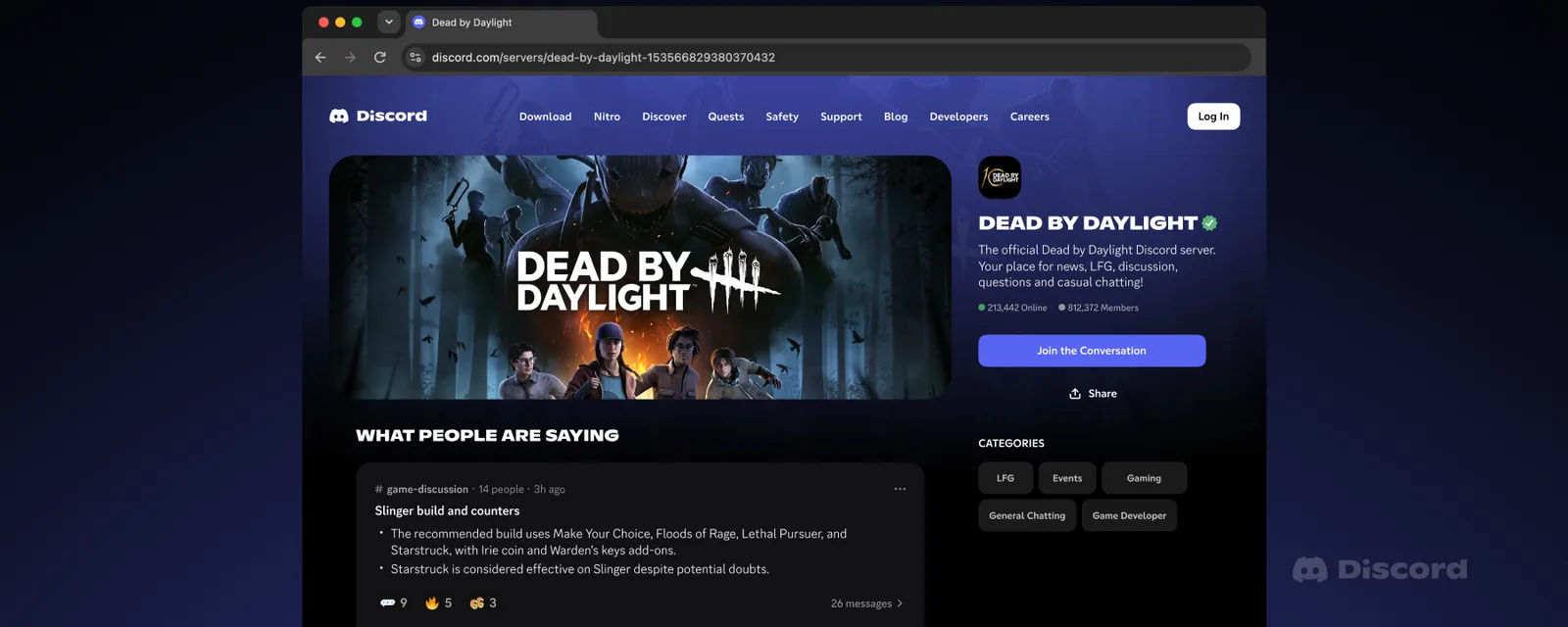 หน้า Server Web Page ของเซิร์ฟเวอร์ Dead by Daylight ตัวอย่างที่ข้อความ Discord ขึ้น Google ได้