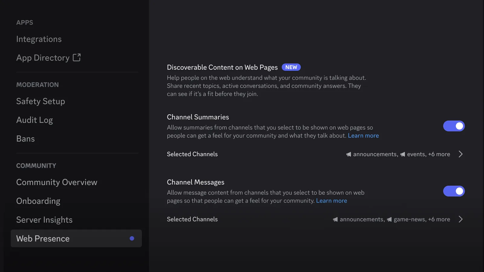 หน้า Web Presence ของแอดมินมีสวิตช์ Channel Summaries และ Channel Messages