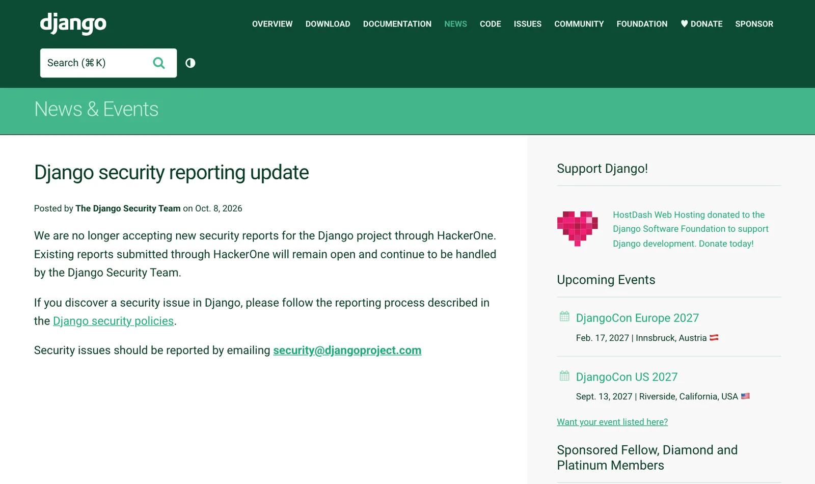 ภาพหน้าจอประกาศ Django security reporting update ของ Django Security Team วันที่ 8 ตุลาคม 2026 แจ้งเลิกรับรายงานใหม่ผ่าน HackerOne และให้ส่งอีเมลไปที่ security@djangoproject.com