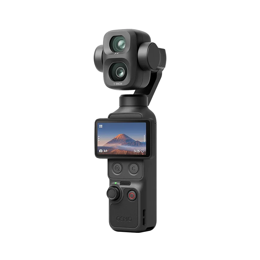 Osmo Pocket 4P มองจากด้านหน้า เลนส์คู่บนกิมบอลและจอด้านหน้าตัวเครื่อง