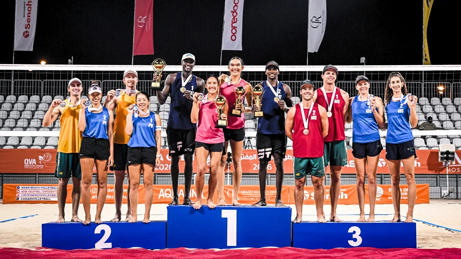 โพเดียม Doha Open 2026: ธาราวดี นาราพรลภัส และวรพีรชยากร ก้องภพศรุตาวดี ในชุดแข่งวอลเลย์บอลชายหาดสีชมพูถือถ้วยแชมป์หญิง ร่วมกับแชมป์ชายจากกาตาร์ คู่ญี่ปุ่นและคู่ออสเตรเลีย บนสนามทรายที่โดฮา