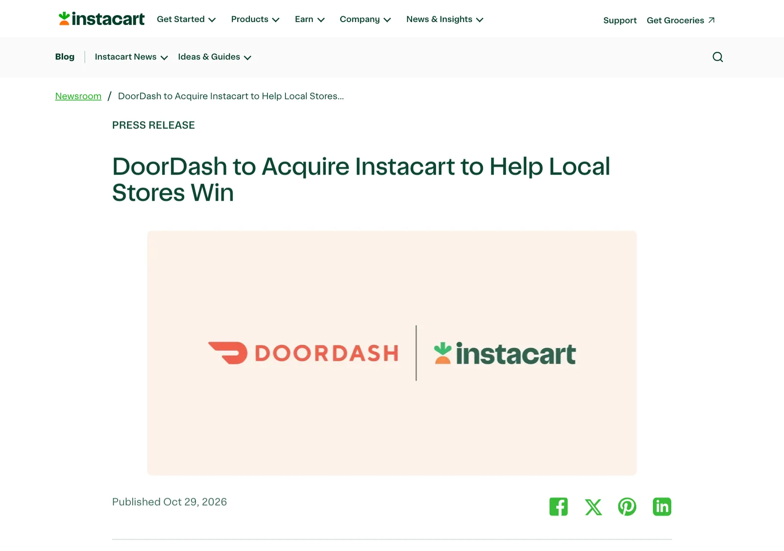 ภาพหน้าจอประกาศ DoorDash to Acquire Instacart to Help Local Stores Win บนห้องข่าวของ Instacart ลงวันที่ 29 ตุลาคม 2026