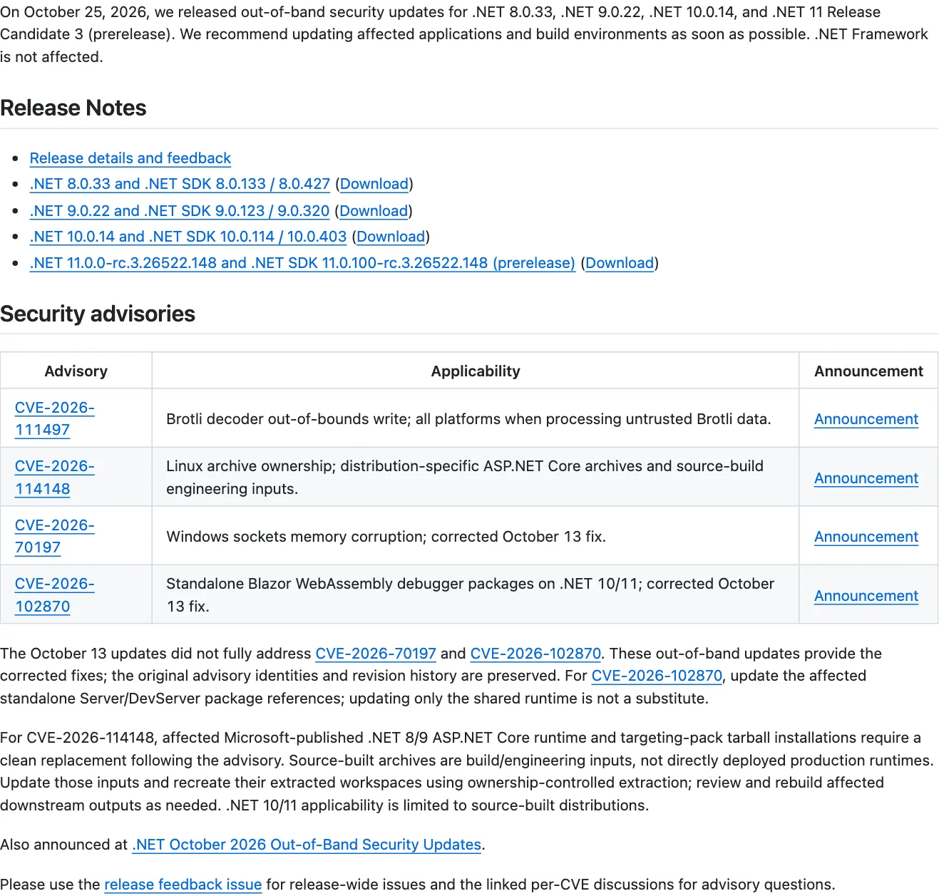 ตารางประกาศความปลอดภัยใน dotnet/announcements #496 แสดง 4 CVE ของแพตช์ฉุกเฉิน .NET 25 ตุลาคม 2026 พร้อมเวอร์ชัน 8.0.33, 9.0.22, 10.0.14 และ 11 RC3