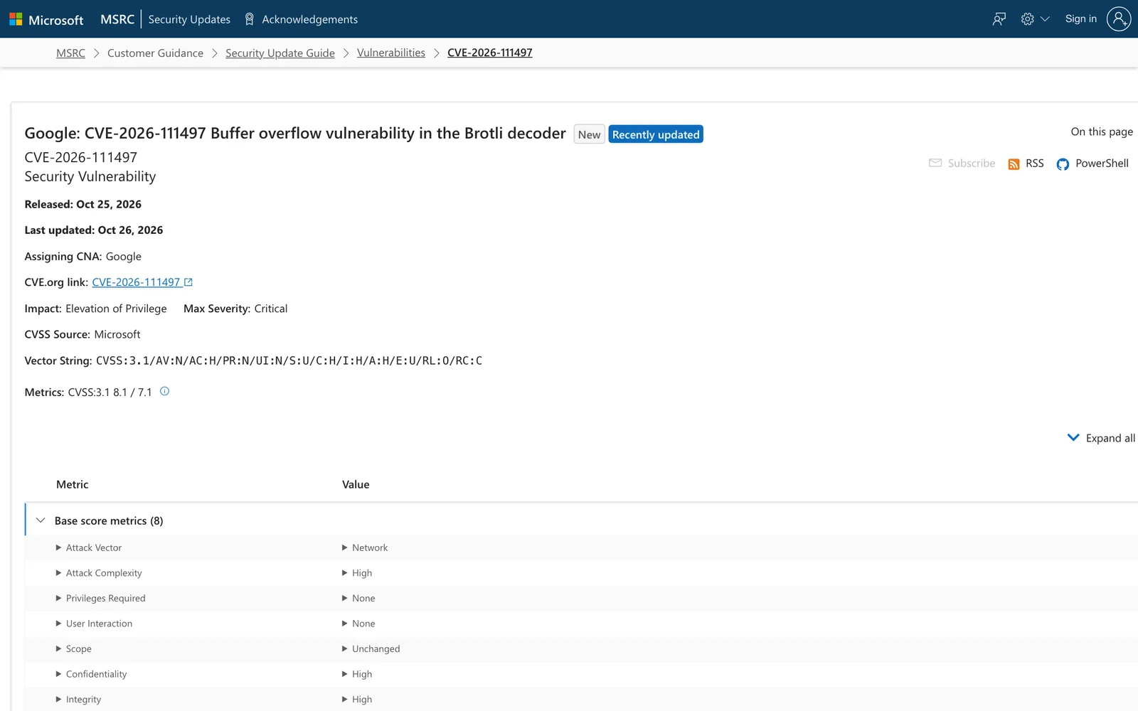 หน้า CVE-2026-111497 ใน Security Update Guide ของ Microsoft เผยแพร่ 25 ตุลาคม 2026 ระดับ Critical CVSS 3.1 ที่ 8.1 ระบุว่า Google เป็นผู้ออก CVE และแพตช์ฉุกเฉิน .NET เป็นตัวแก้