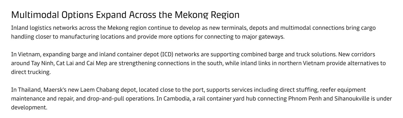 ข้อความในรายงาน Maersk Asia Pacific Market Update ตุลาคม 2026 เรื่องเครือข่ายขนส่งในลุ่มน้ำโขงและลานตู้ใหม่ของ Maersk ที่แหลมฉบัง