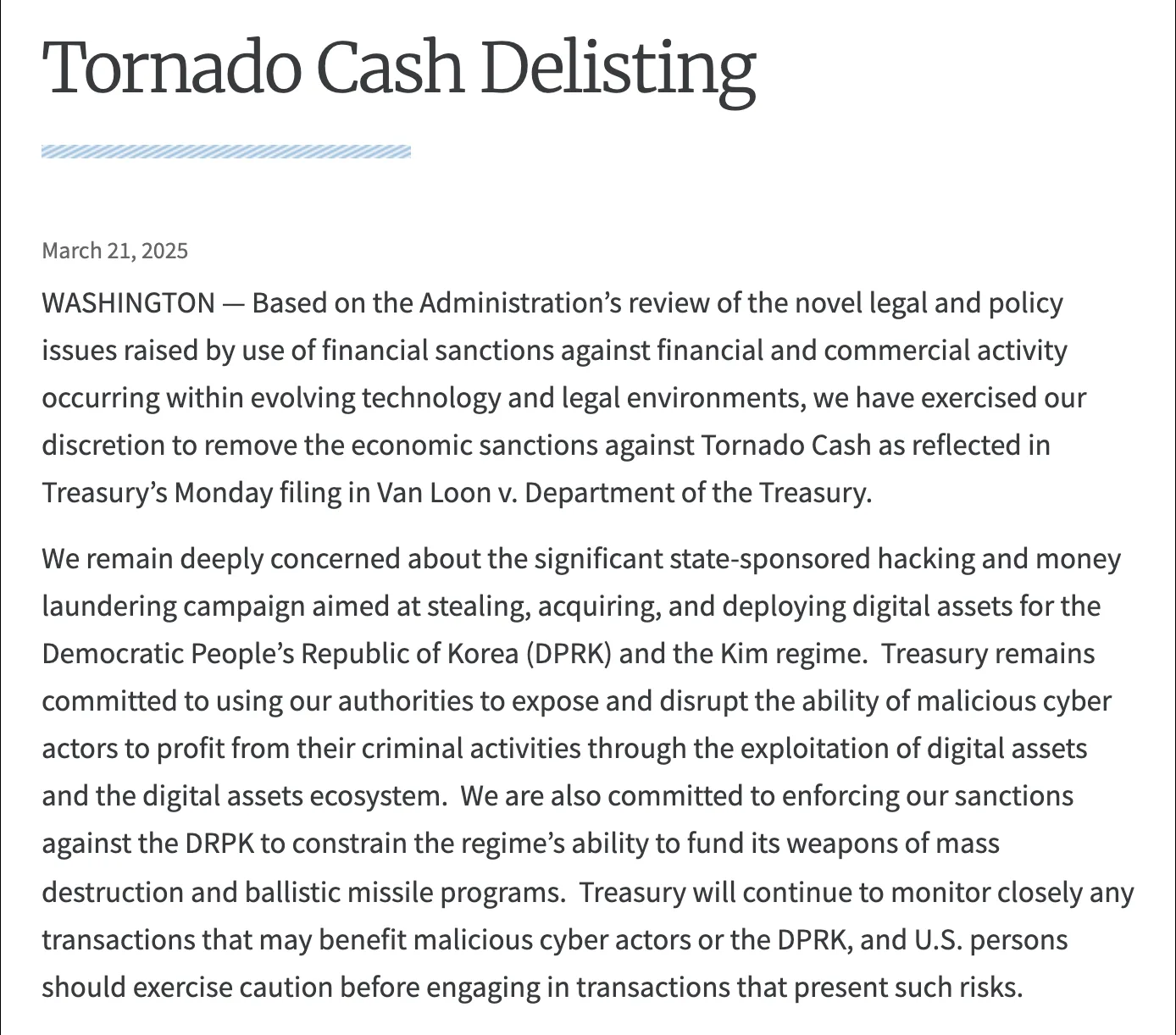 ภาพหน้าจอประกาศ Tornado Cash Delisting ของกระทรวงการคลังสหรัฐฯ วันที่ 21 มีนาคม 2025 ที่ถอดการคว่ำบาตร Tornado Cash และระบุว่ายังกังวลเรื่องการแฮ็กและฟอกเงินของเกาหลีเหนือ