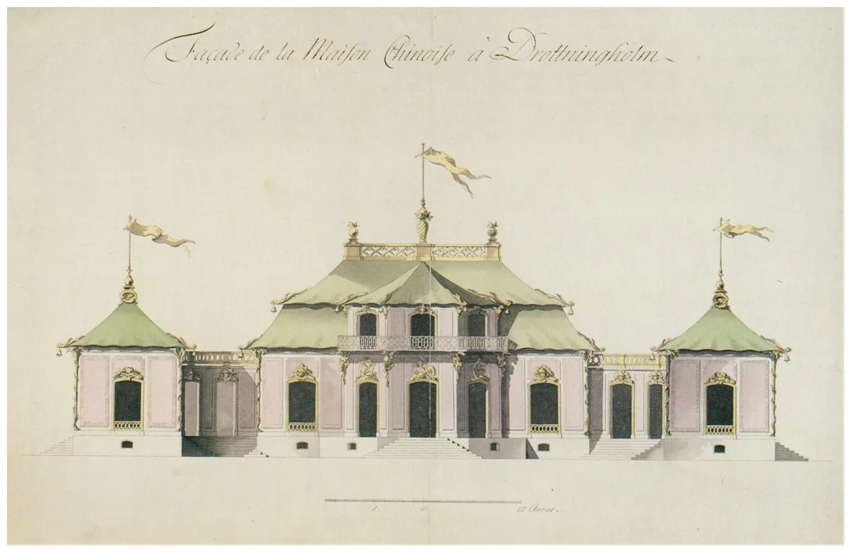 ภาพวาดด้านหน้า Chinese Pavilion (Kina slott) ที่ Drottningholm ผลงานของ Carl Fredrik Adelkrantz หน้าภาพระบุปี 1763