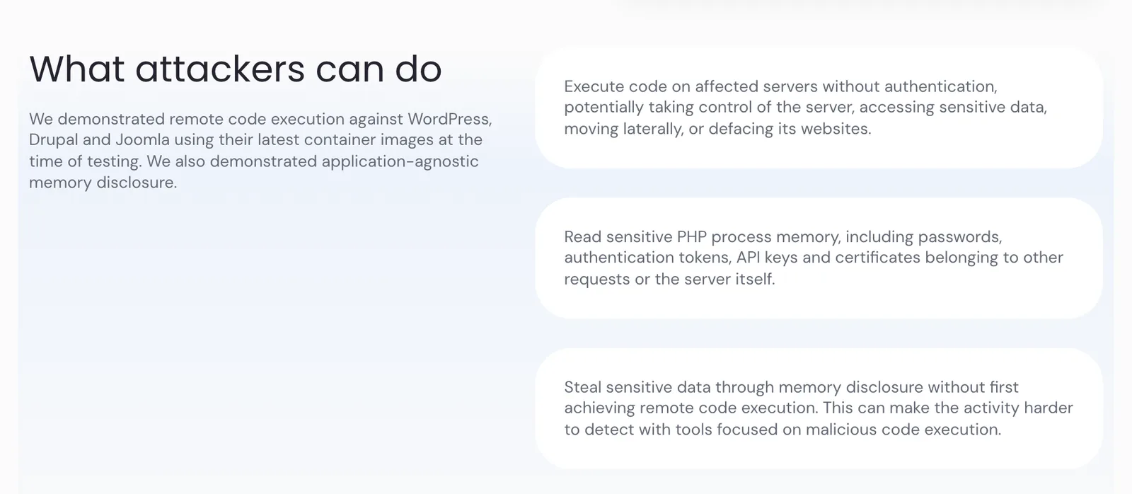 หน้า PHP2Shell ของทีมวิจัย Wiz, OpenAI และ Calif ส่วน What attackers can do ระบุว่าสาธิตการรันโค้ดจากระยะไกลกับ WordPress, Drupal และ Joomla รุ่นล่าสุดขณะทดสอบ ซึ่งเป็นช่องโหว่ใน PHP แยกจาก CVE-2026-108097
