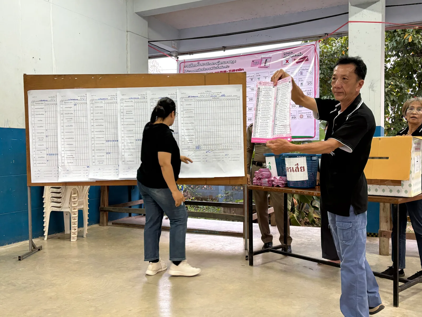 เจ้าหน้าที่ประจำหน่วยเลือกตั้งชูบัตรเลือกตั้งขณะนับคะแนนเลือกตั้ง สส. 8 กุมภาพันธ์ 2026 ที่โรงเรียนบ้านคลองตาล อำเภอศรีสำโรง จังหวัดสุโขทัย