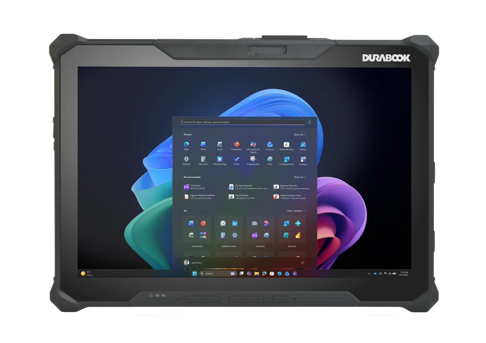 ด้านหน้า Durabook R12 แท็บเล็ตทนทานจอ 12.2 นิ้ว ขอบยางสีดำ หน้าจอแสดง Windows 11