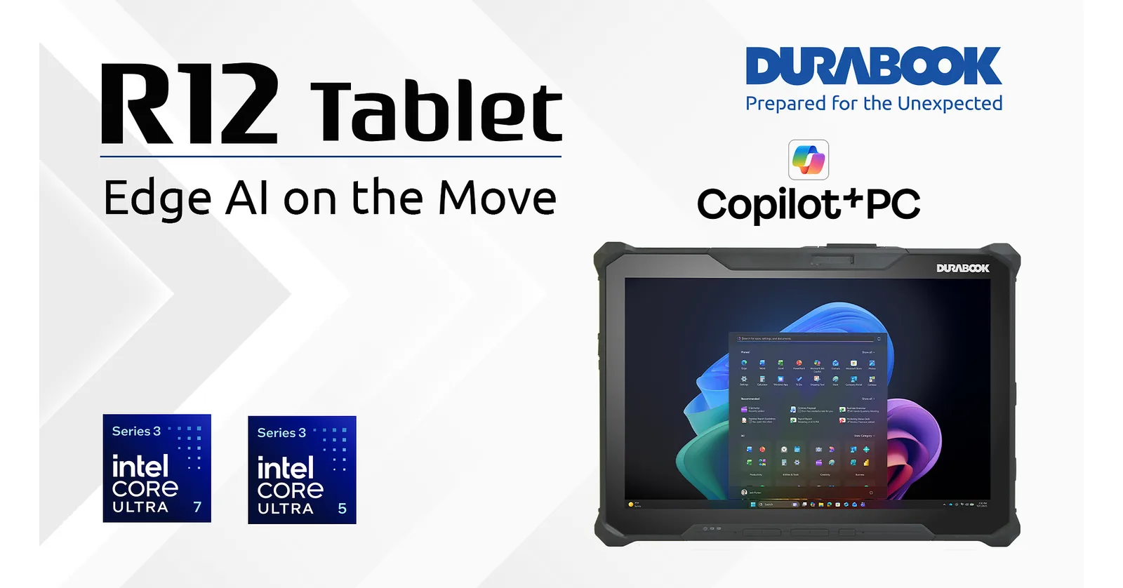 ภาพประชาสัมพันธ์ R12 Tablet Edge AI on the Move ของ Durabook พร้อมโลโก้ Intel Core Ultra Series 3 และ Copilot+ PC