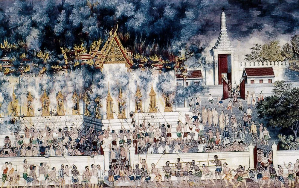 ภาพเขียนชุดโคลงภาพ พระราชพงศาวดาร ภาพที่ 82 เหตุไฟไหม้ปราสาทองค์เดิมในรัชกาลที่ 1 เขียนราว พ.ศ. 2430