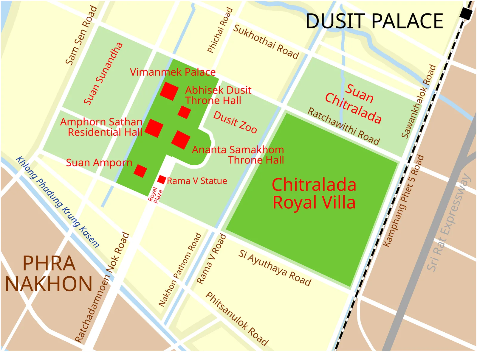 แผนผัง พระราชวังดุสิต สีเขียวเข้มคือพื้นที่ในปัจจุบัน สีเขียวอ่อนคือพื้นที่ในอดีต