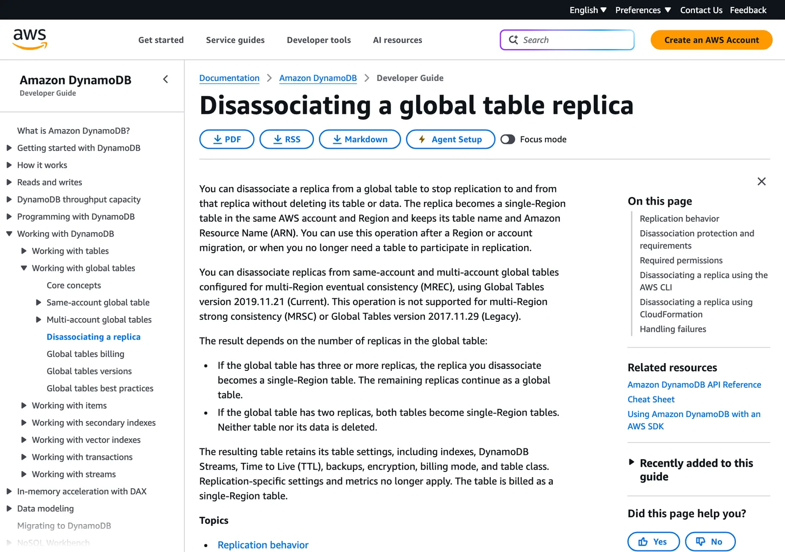 หน้าคู่มือ Disassociating a global table replica ของ Amazon DynamoDB Developer Guide อธิบายผลลัพธ์ตามจำนวน replica และค่าตั้งที่ตารางยังเก็บไว้