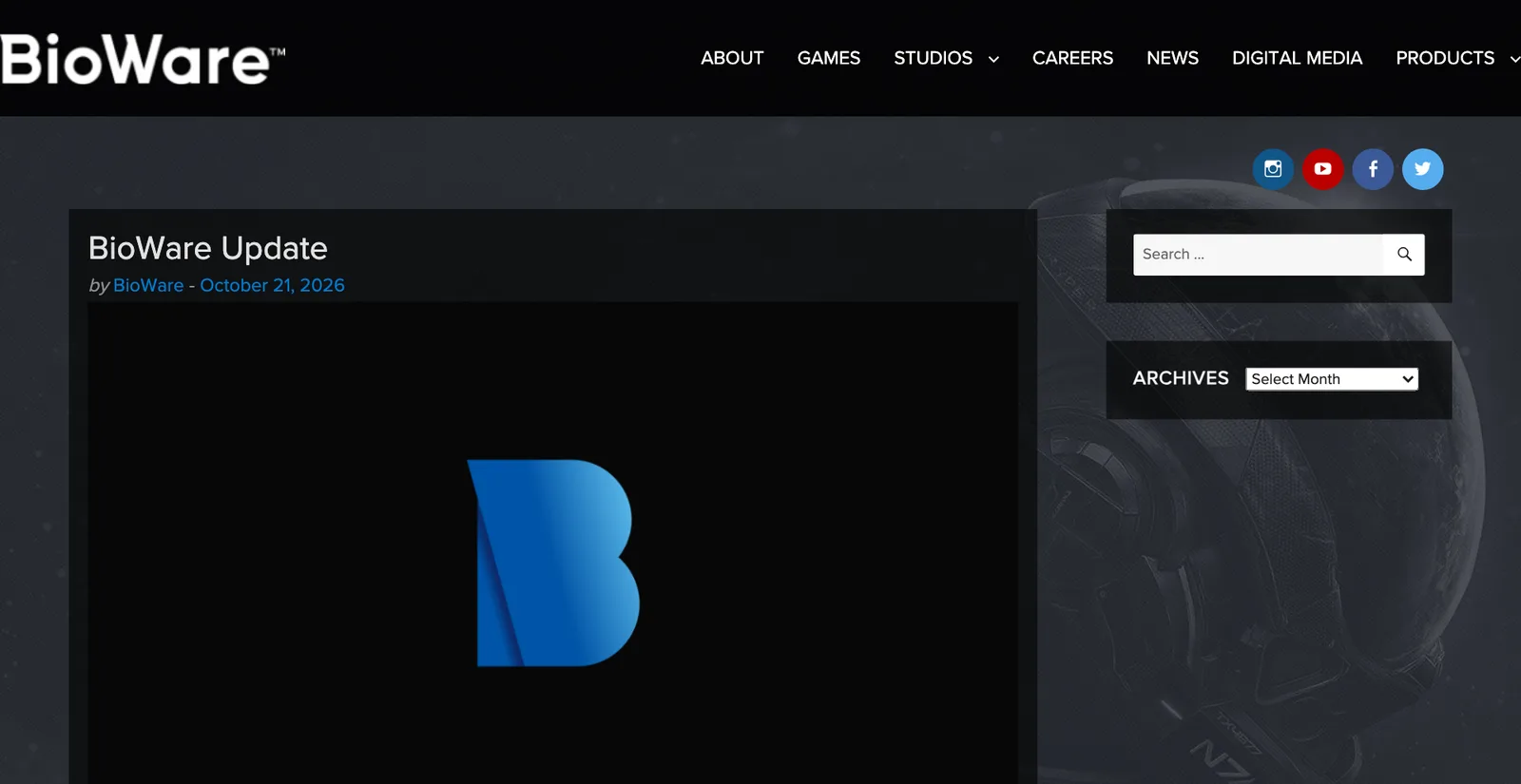 หน้า BioWare Update บนบล็อกของ BioWare ลงวันที่ 21 ตุลาคม 2026 ประกาศที่ยืนยันว่า EA ปิด BioWare พร้อมโลโก้ตัว B ของสตูดิโอ