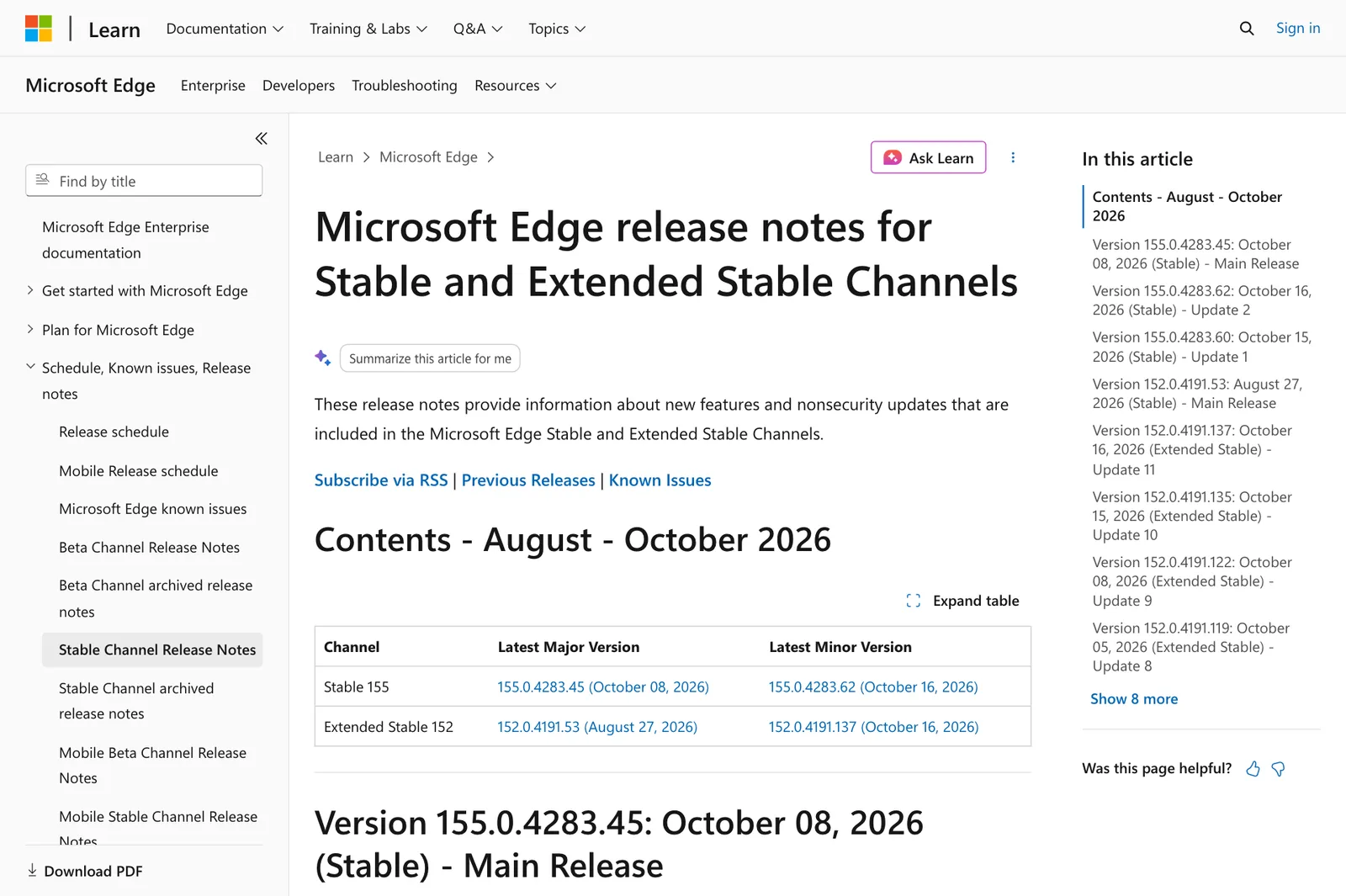 หน้า release notes ของ Microsoft Edge บน Microsoft Learn แสดง Edge 155 รุ่น 155.0.4283.45 วันที่ 8 ต.ค. 2026 และ 155.0.4283.62 วันที่ 16 ต.ค. 2026