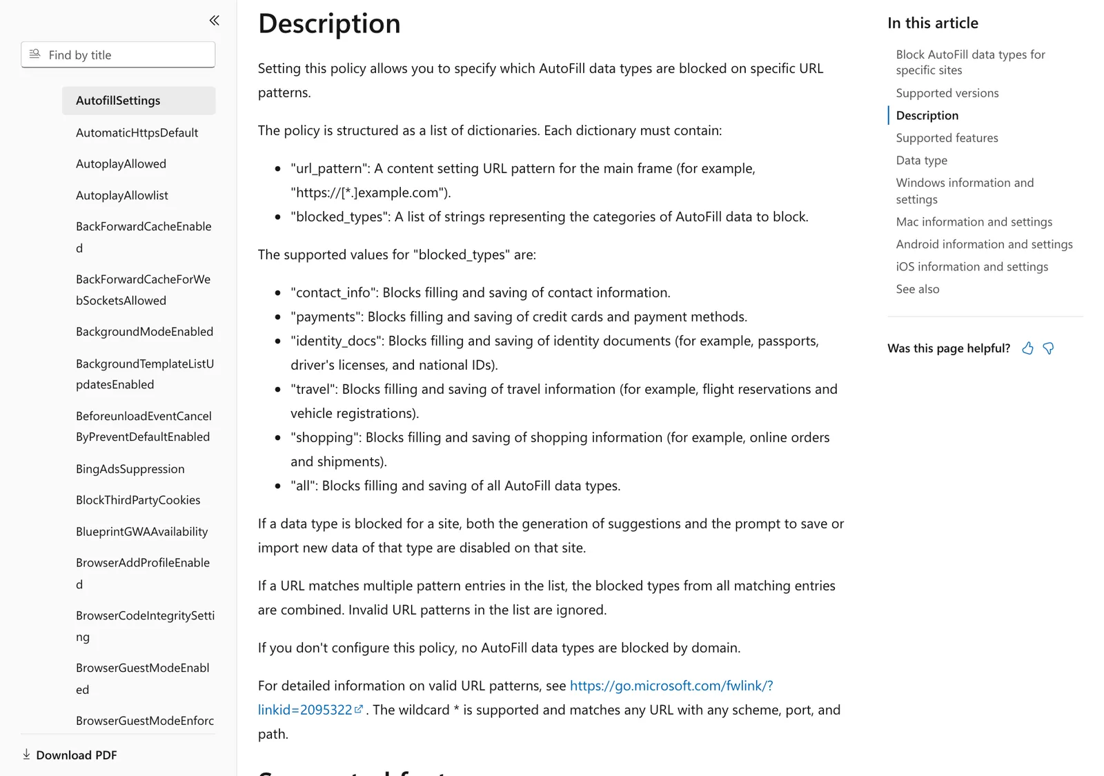 เอกสารนโยบาย AutofillSettings ของ Microsoft Edge อธิบาย url_pattern และ blocked_types ได้แก่ contact_info, payments, identity_docs, travel, shopping และ all