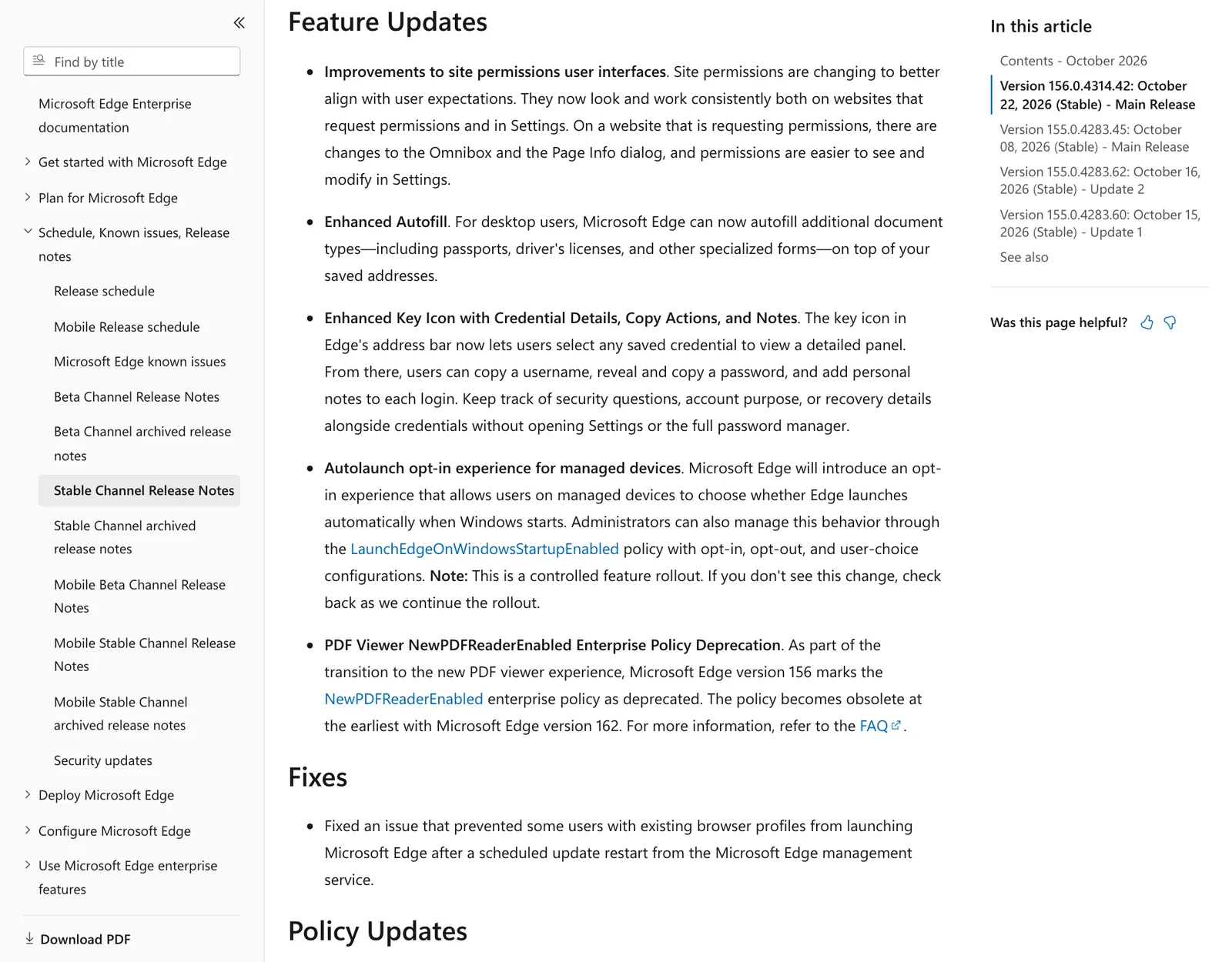 หัวข้อ Feature Updates ของ Edge 156: Enhanced Autofill สำหรับพาสปอร์ตและใบขับขี่ ไอคอนกุญแจพร้อมโน้ต ตัวเลือกเปิดเองตอนเข้า Windows บนเครื่ององค์กร และการเลิกใช้นโยบาย NewPDFReaderEnabled