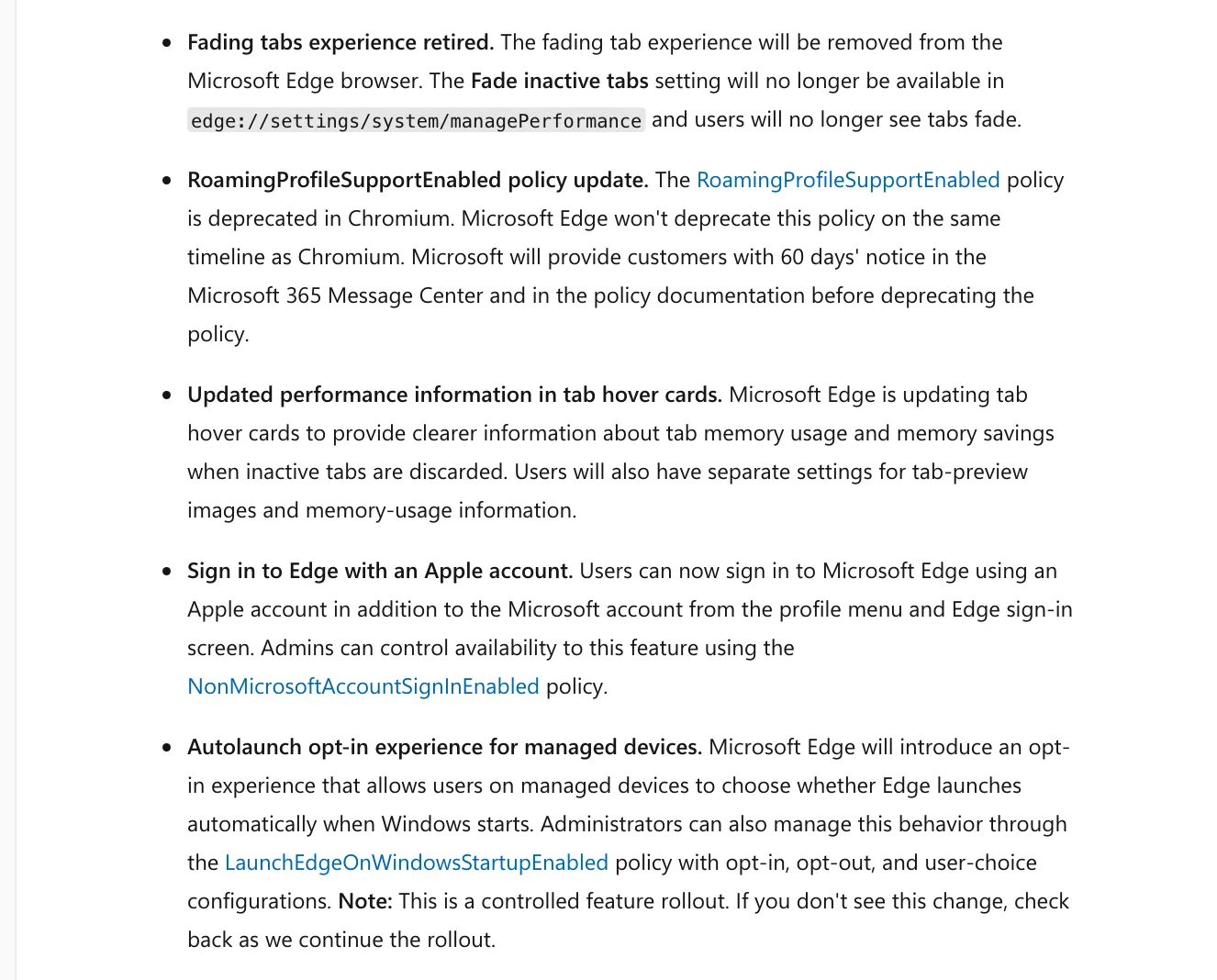 บันทึกรุ่น Edge 157 Beta ส่วนฟีเจอร์ ถอดแท็บจาง ปรับนโยบาย RoamingProfileSupportEnabled การ์ดแท็บแสดงหน่วยความจำ ลงชื่อเข้าด้วยบัญชี Apple และการเลือกเปิด Edge เองบนเครื่องที่องค์กรดูแล