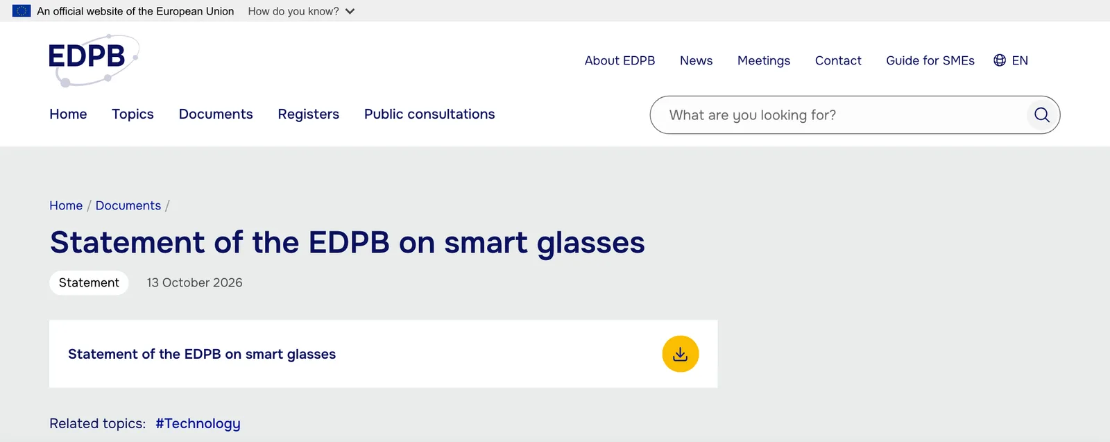 หน้าเอกสาร Statement of the EDPB on smart glasses ประเภท Statement ลงวันที่ 13 ตุลาคม 2026 พร้อมปุ่มดาวน์โหลด