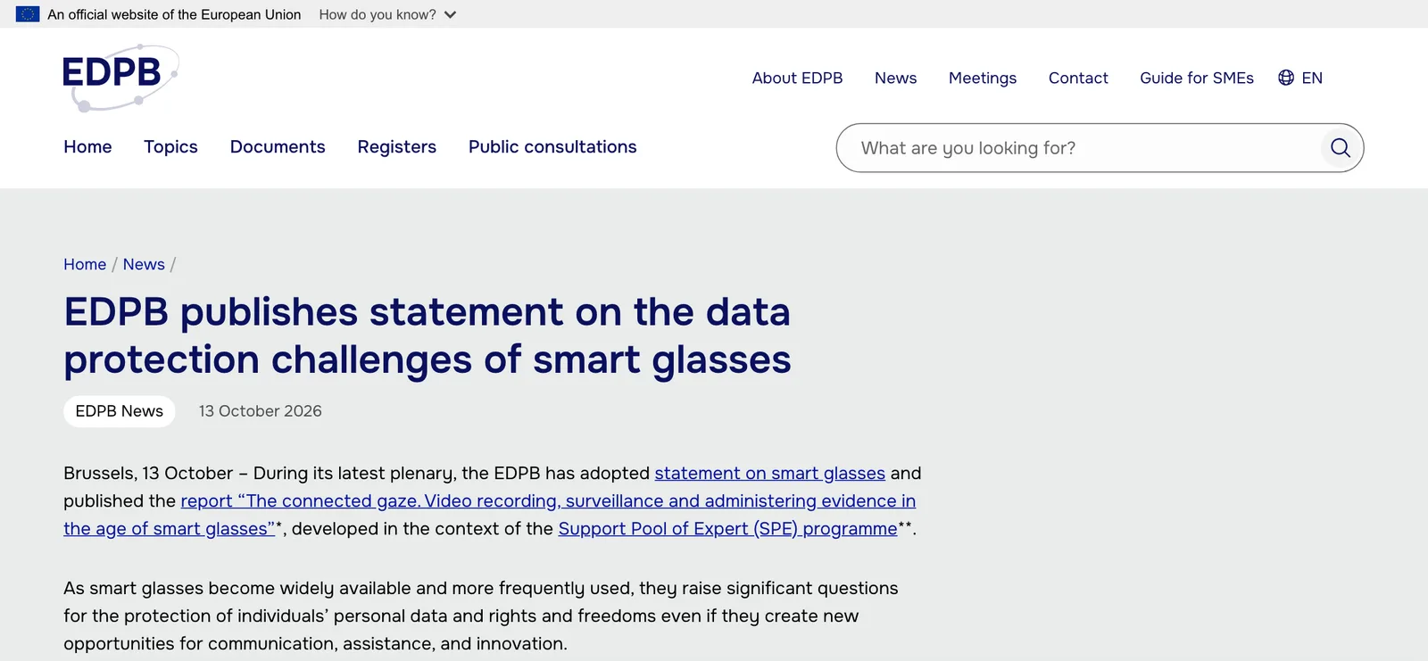 ประกาศข่าวของ EDPB วันที่ 13 ตุลาคม 2026 หัวข้อ EDPB publishes statement on the data protection challenges of smart glasses เรื่องแว่นอัจฉริยะ GDPR