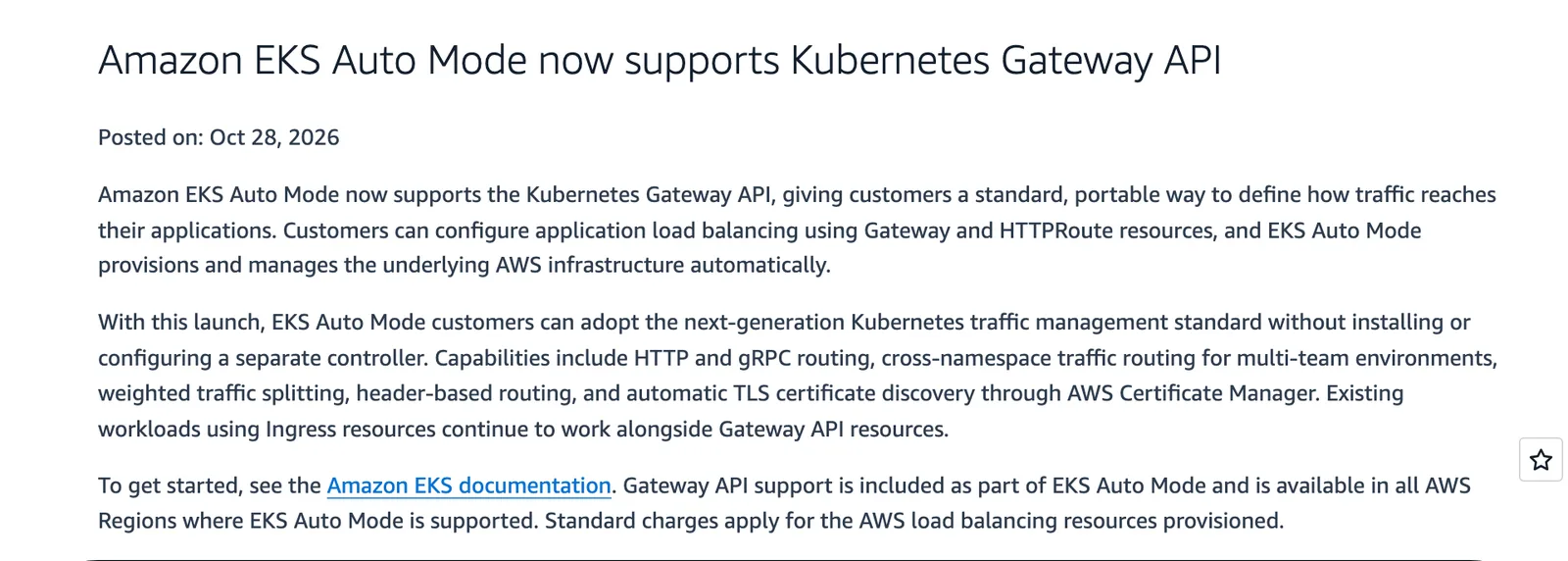 ภาพหน้าจอประกาศ EKS Auto Mode Gateway API บนหน้า What's New ของ AWS