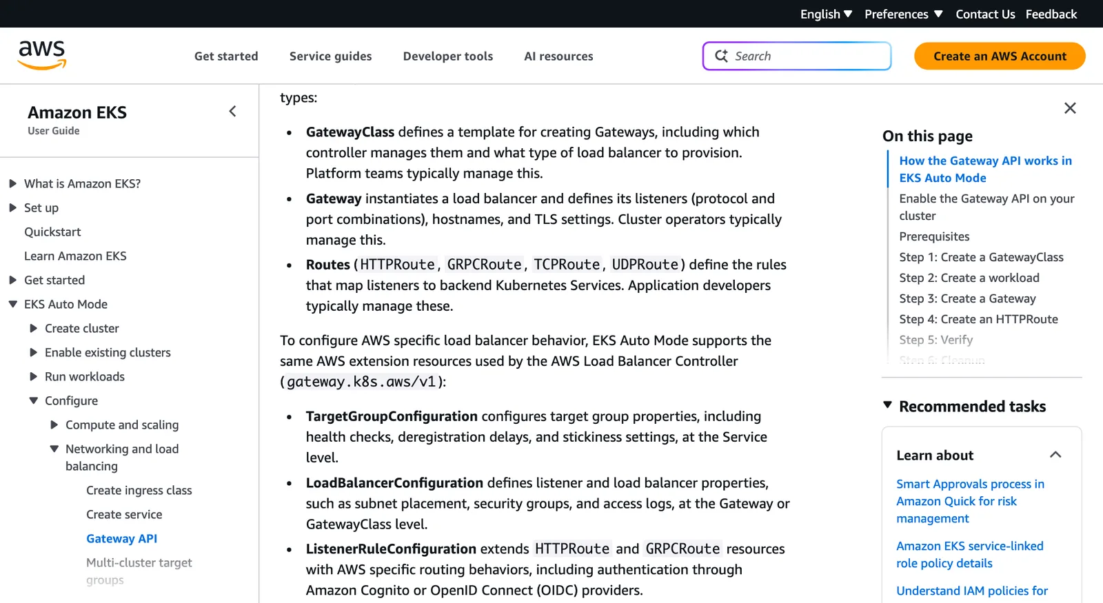 ภาพหน้าจอเอกสาร Amazon EKS หัวข้อการทำงานของ EKS Auto Mode Gateway API แสดง GatewayClass, Gateway และ Routes
