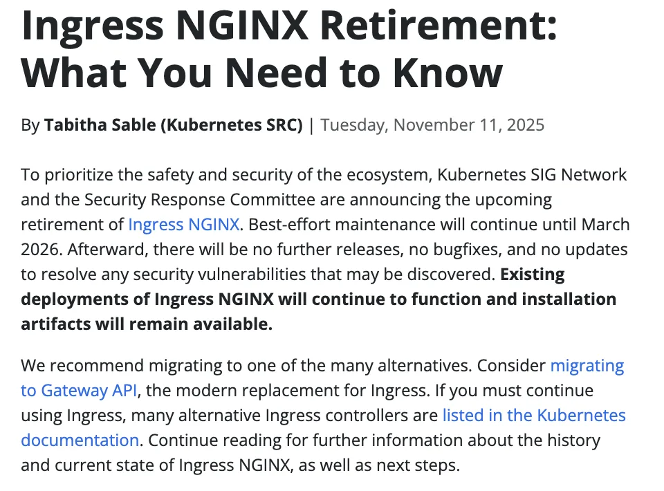 ภาพหน้าจอบล็อก Ingress NGINX Retirement: What You Need to Know ของ Kubernetes ลงวันที่ 11 พฤศจิกายน 2025