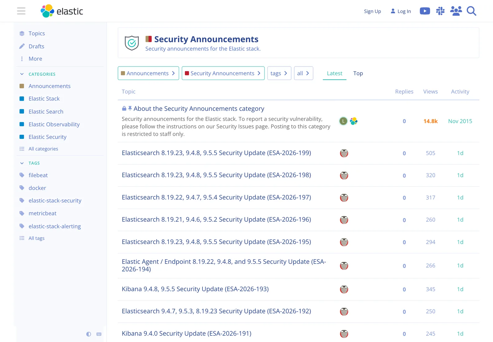 หน้า Security Announcements ของ Elastic แสดงประกาศ Elasticsearch, Kibana และ Elastic Agent หลายฉบับ เช่น ESA-2026-199 ถึง ESA-2026-191