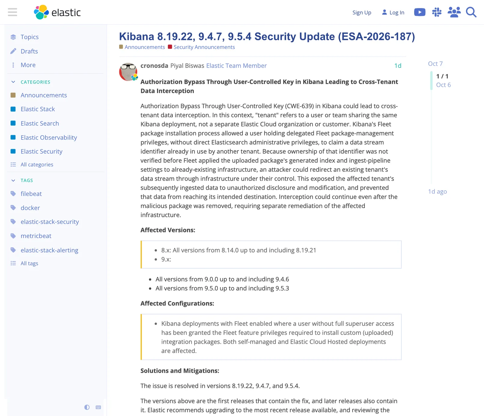 ประกาศความปลอดภัย Kibana ESA-2026-187 ระบุรุ่นที่ได้รับผลกระทบ 8.14.0 ถึง 8.19.21 และรุ่นที่แก้ไข 8.19.22, 9.4.7 และ 9.5.4