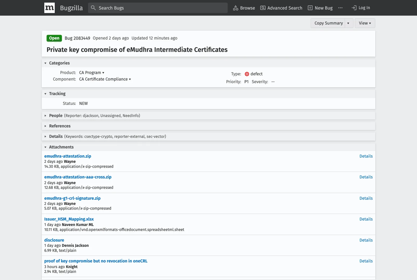 หน้า Bug 2083449 ใน Bugzilla ของ Mozilla เรื่อง Private key compromise of eMudhra Intermediate Certificates หมวด CA Program พร้อมไฟล์หลักฐานที่แนบไว้